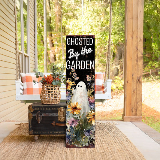 Halloween Porch Sign – Rustic Ghosted by the Garden Ghost Welcome Sign | Farmhouse Porch Decor for Halloween, Fall, and Autumn Outdoor Display