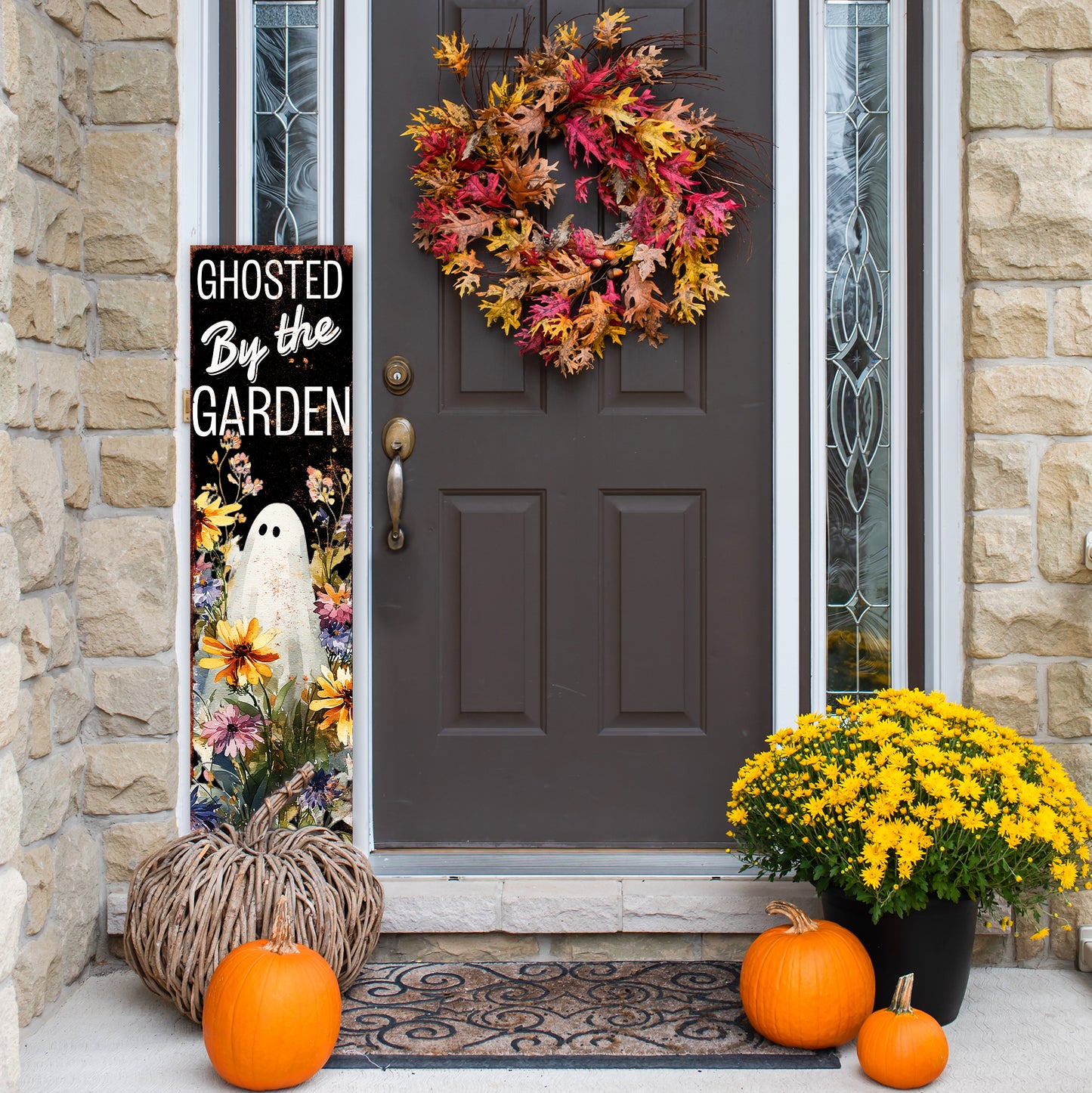 Halloween Porch Sign – Rustic Ghosted by the Garden Ghost Welcome Sign | Farmhouse Porch Decor for Halloween, Fall, and Autumn Outdoor Display