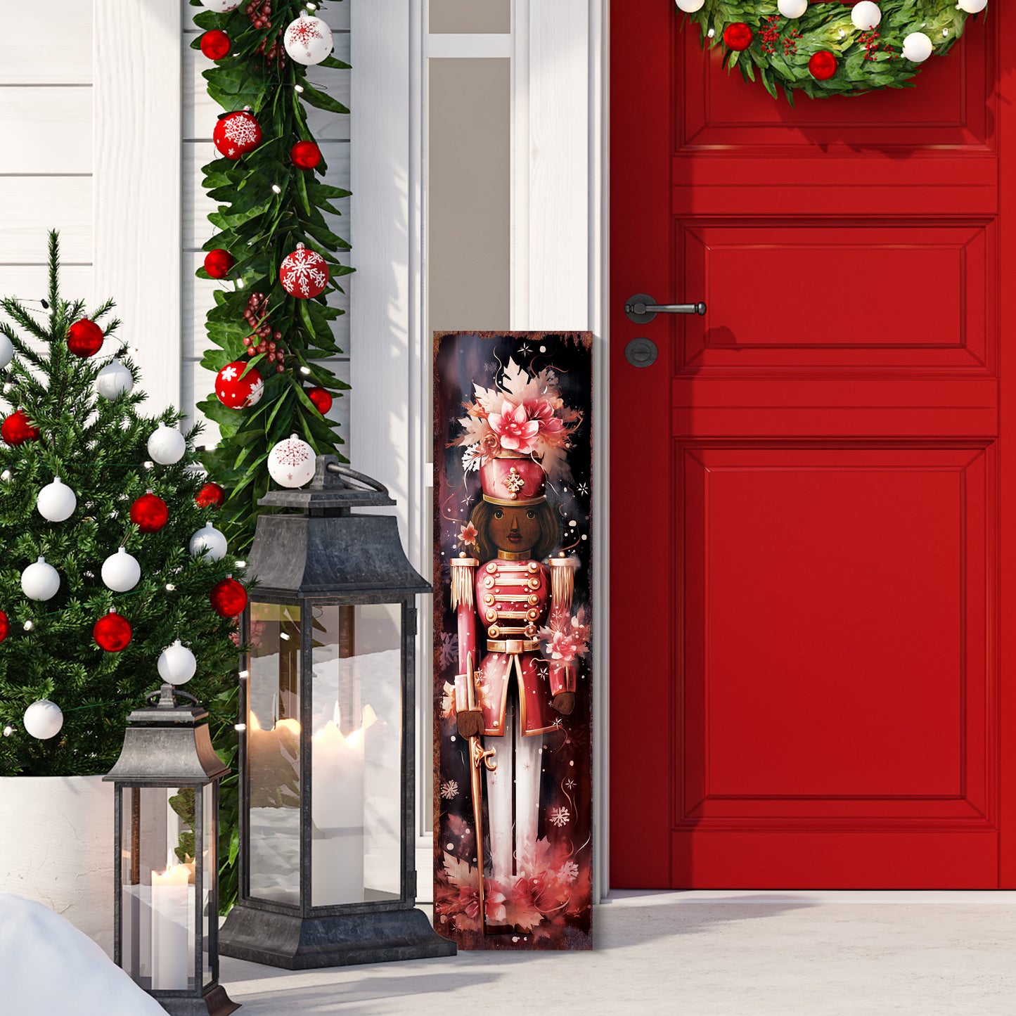 Christmas Nutcracker Porch Sign – Festive Holiday Front Porch Sign with Red Soldier Floral Design | Rustic Farmhouse Christmas Entryway Outdoor Decoration