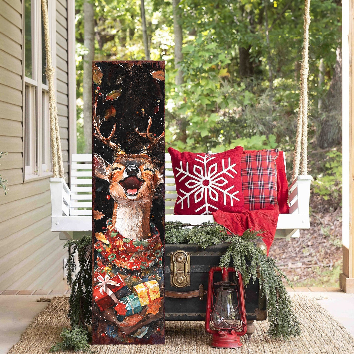 Christmas Deer Porch Sign – Rustic Holiday Front Porch Sign with Festive Reindeer in Sweater | Winter Porch and Entryway Decor