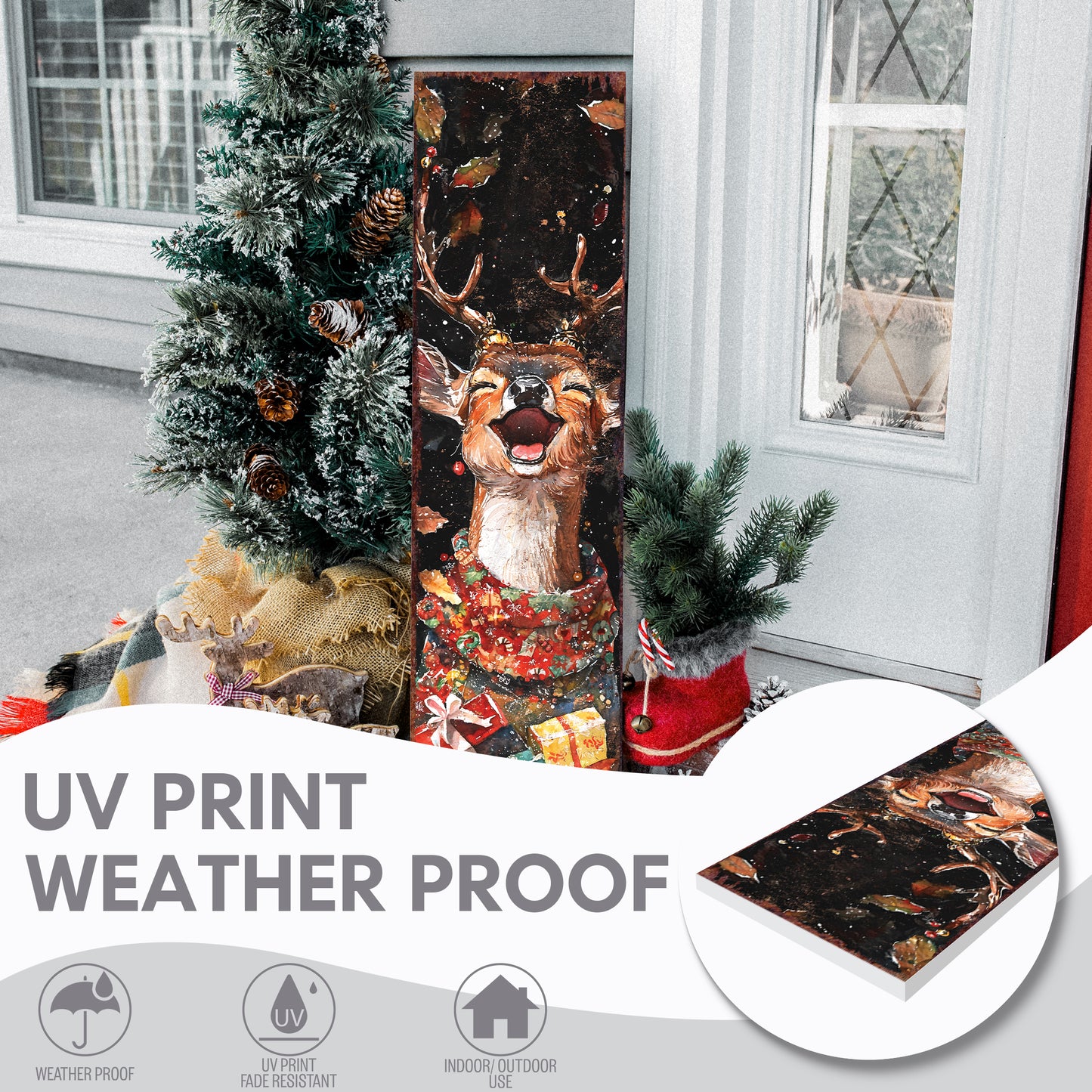 Christmas Deer Porch Sign – Rustic Holiday Front Porch Sign with Festive Reindeer in Sweater | Winter Porch and Entryway Decor
