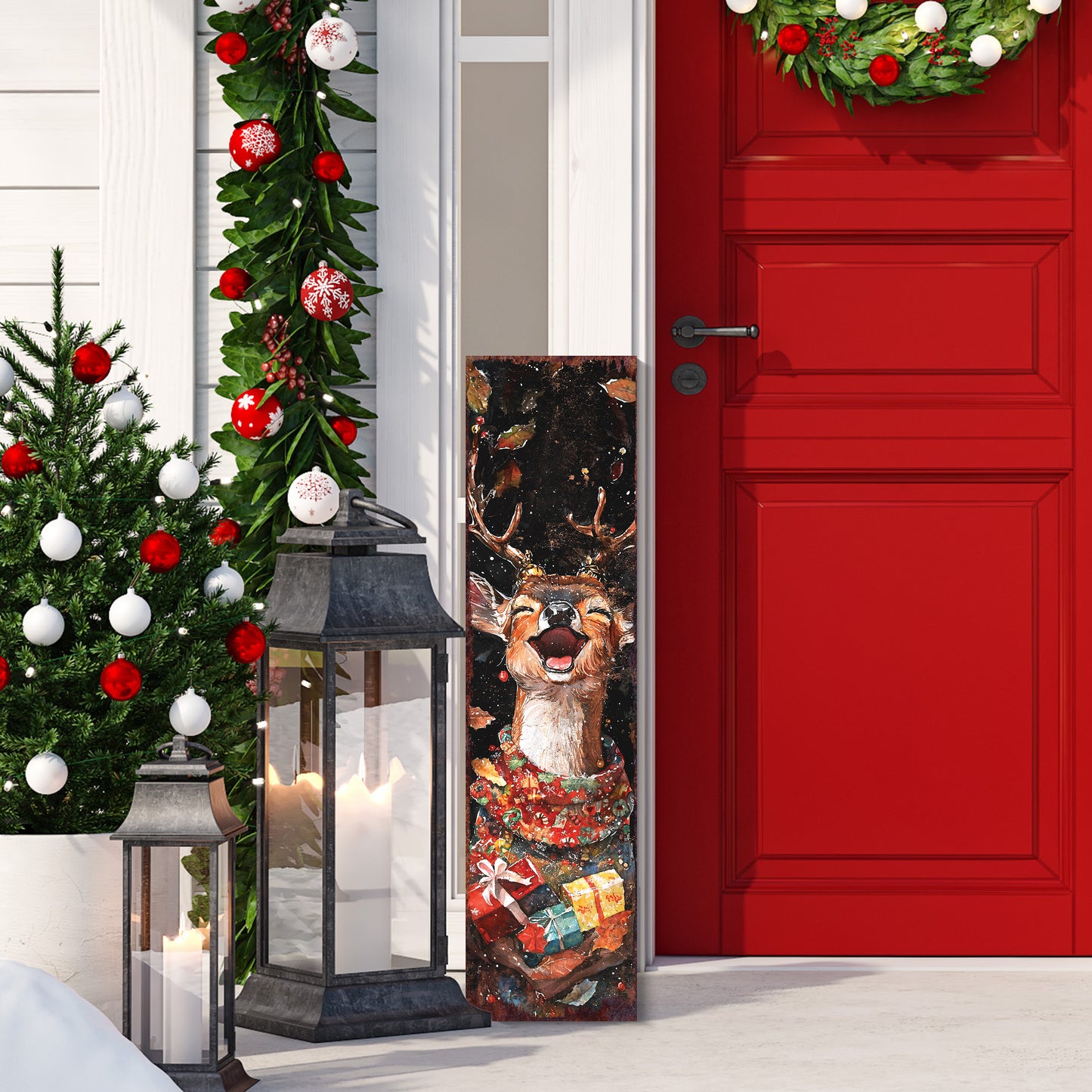 Christmas Deer Porch Sign – Rustic Holiday Front Porch Sign with Festive Reindeer in Sweater | Winter Porch and Entryway Decor