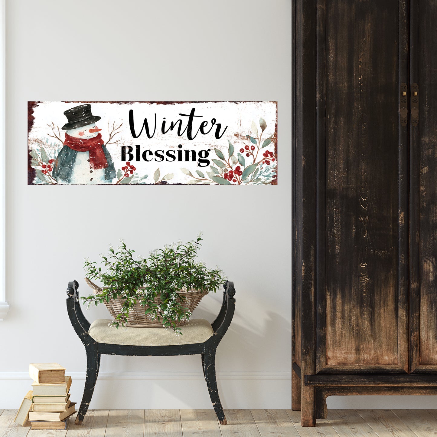 Winter Blessings Snowman Sign – Rustic Farmhouse Christmas Wall Decor