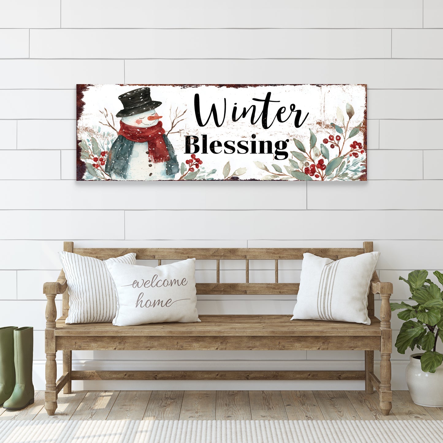 Winter Blessings Snowman Sign – Rustic Farmhouse Christmas Wall Decor