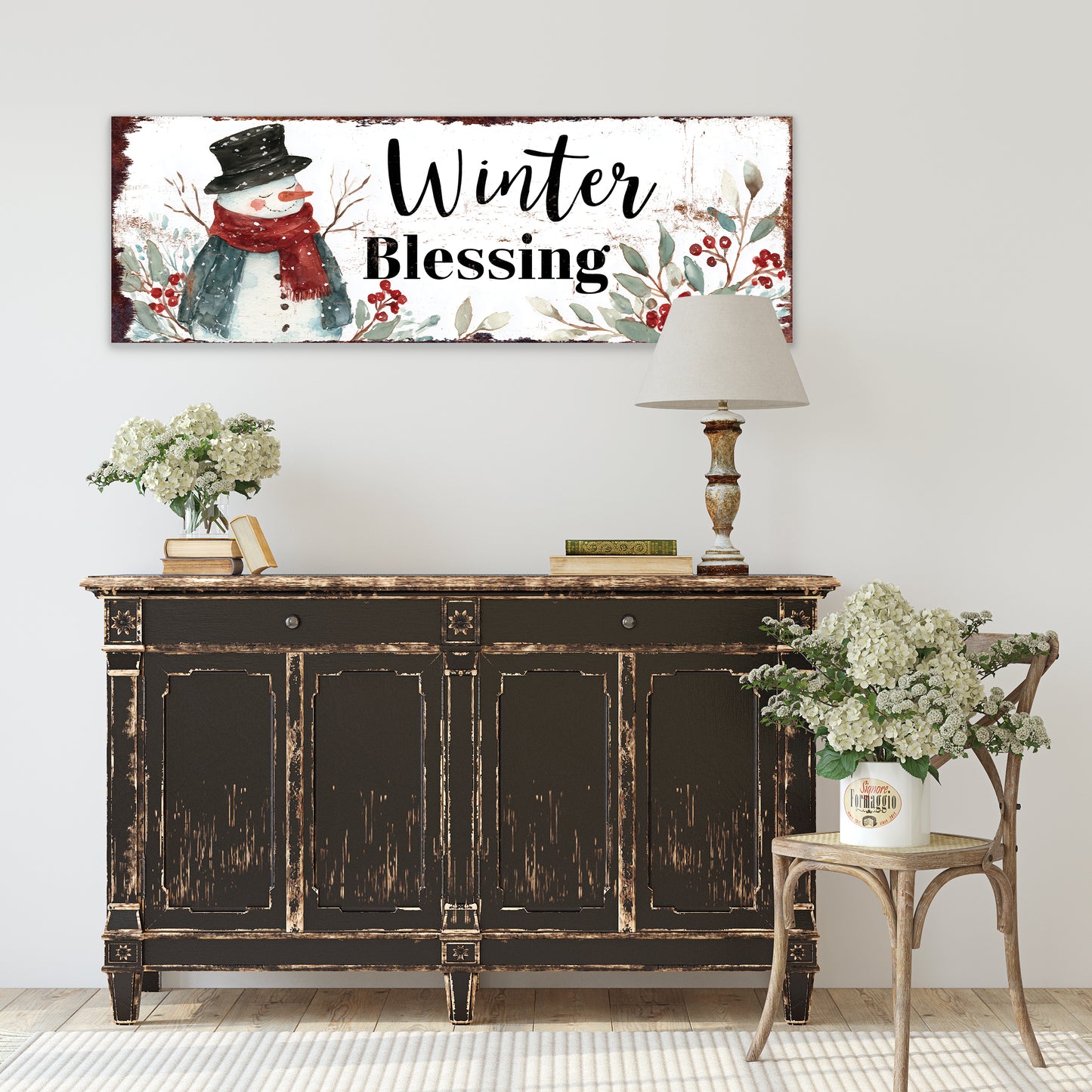 Winter Blessings Snowman Sign – Rustic Farmhouse Christmas Wall Decor