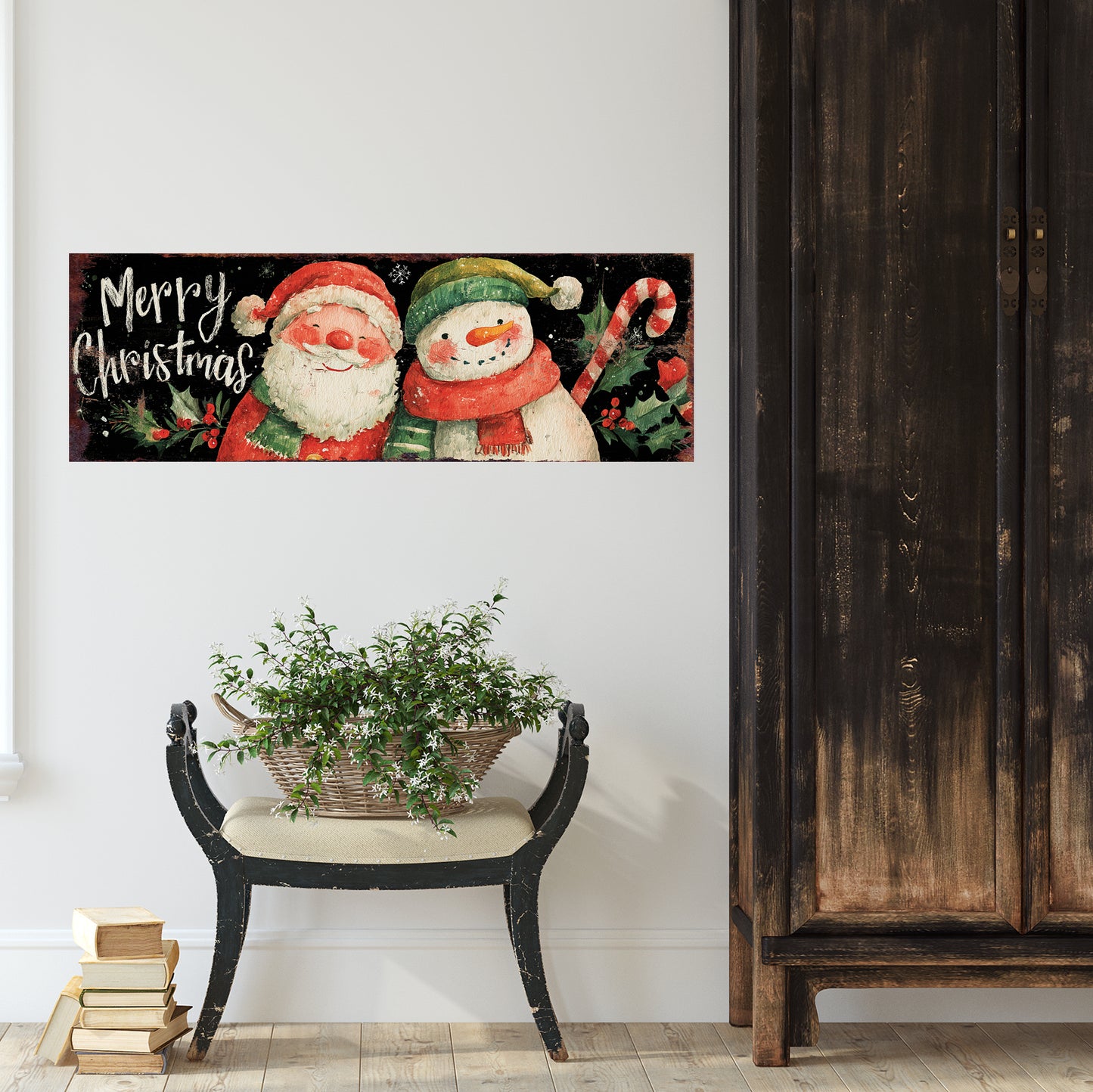 Santa & Snowman Christmas Sign – Watercolor Holiday Wall Decor for Home