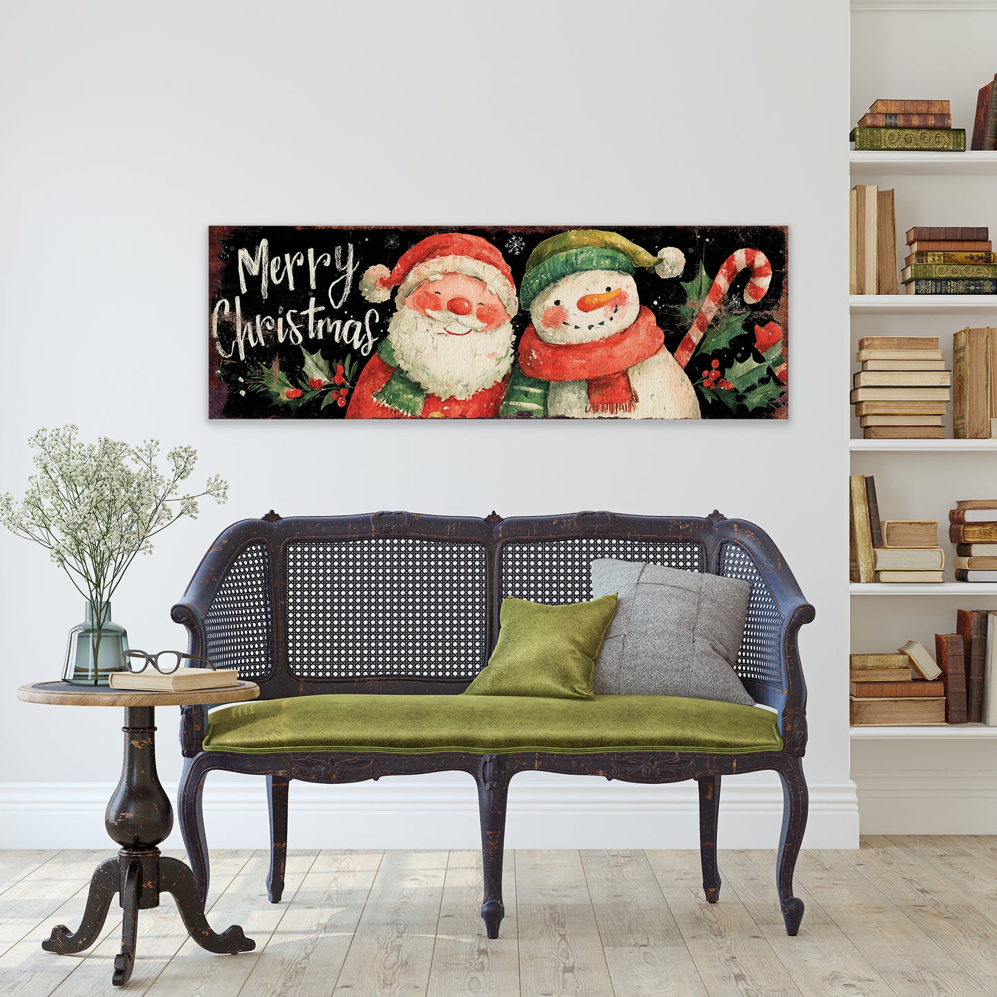 Santa & Snowman Christmas Sign – Watercolor Holiday Wall Decor for Home
