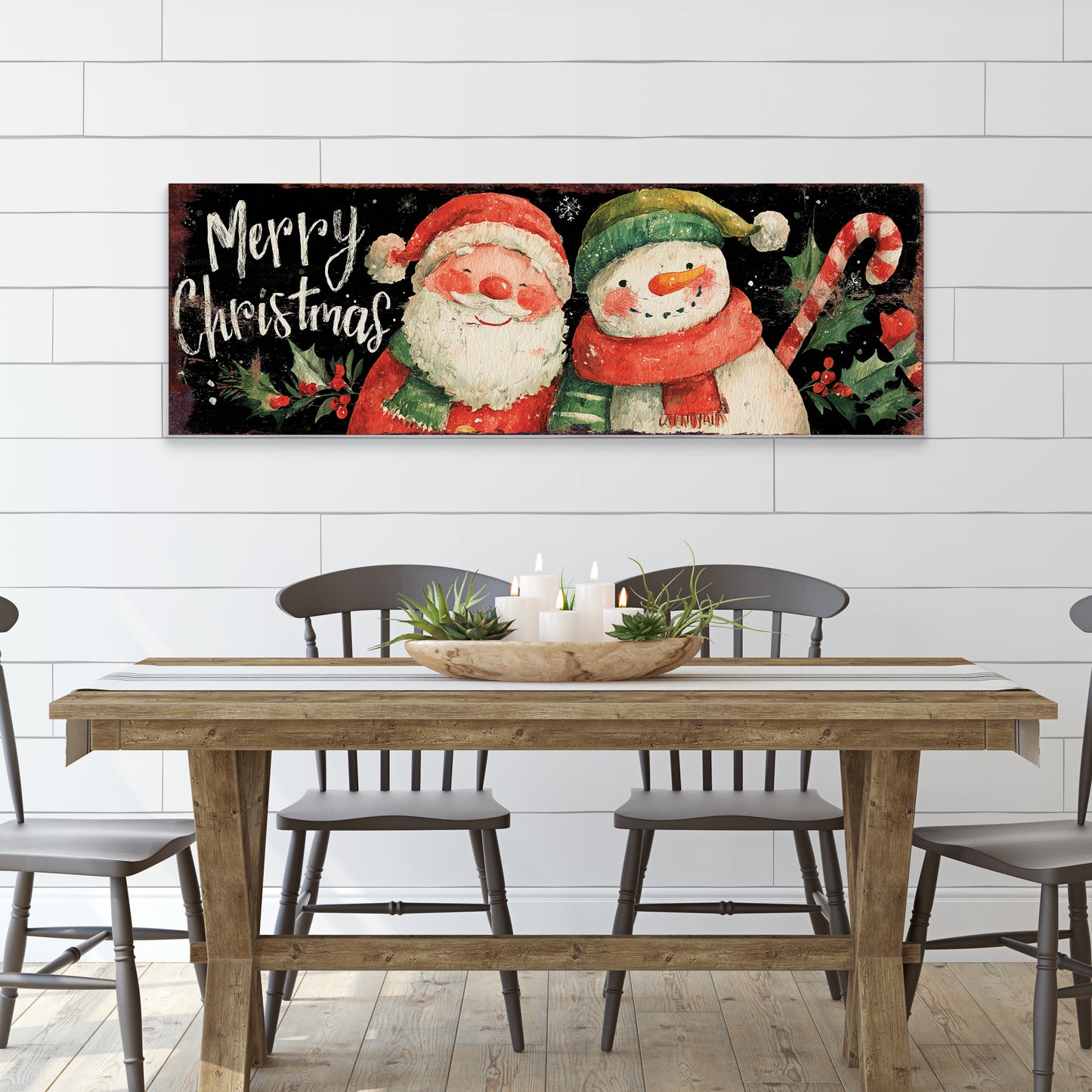 Santa & Snowman Christmas Sign – Watercolor Holiday Wall Decor for Home