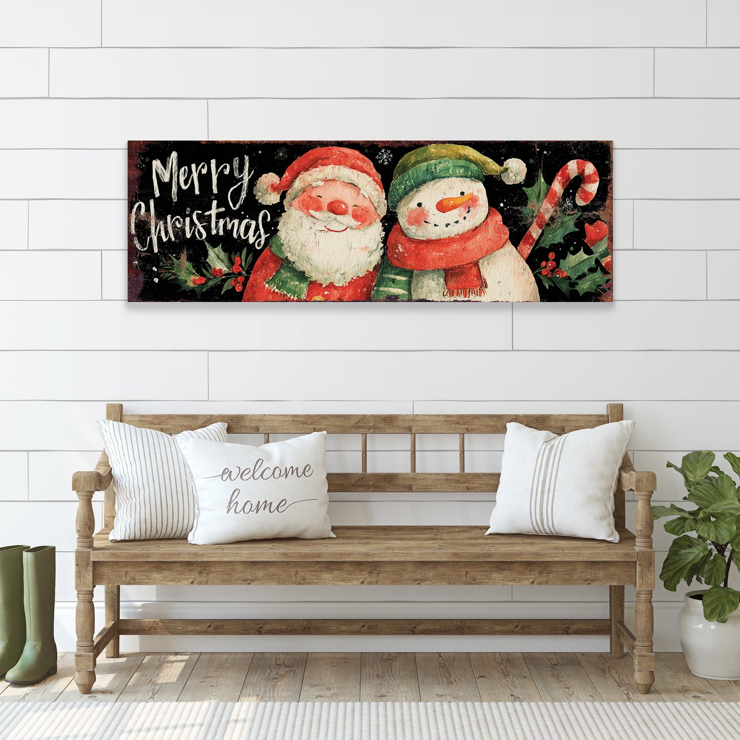 Santa & Snowman Christmas Sign – Watercolor Holiday Wall Decor for Home