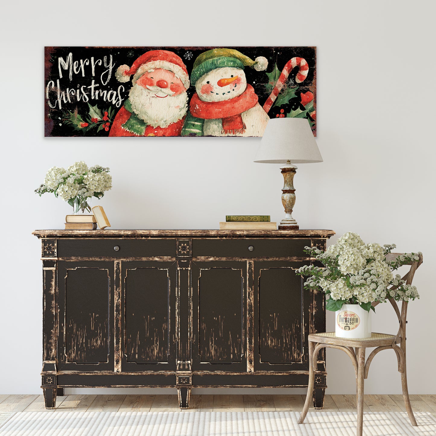 Santa & Snowman Christmas Sign – Watercolor Holiday Wall Decor for Home