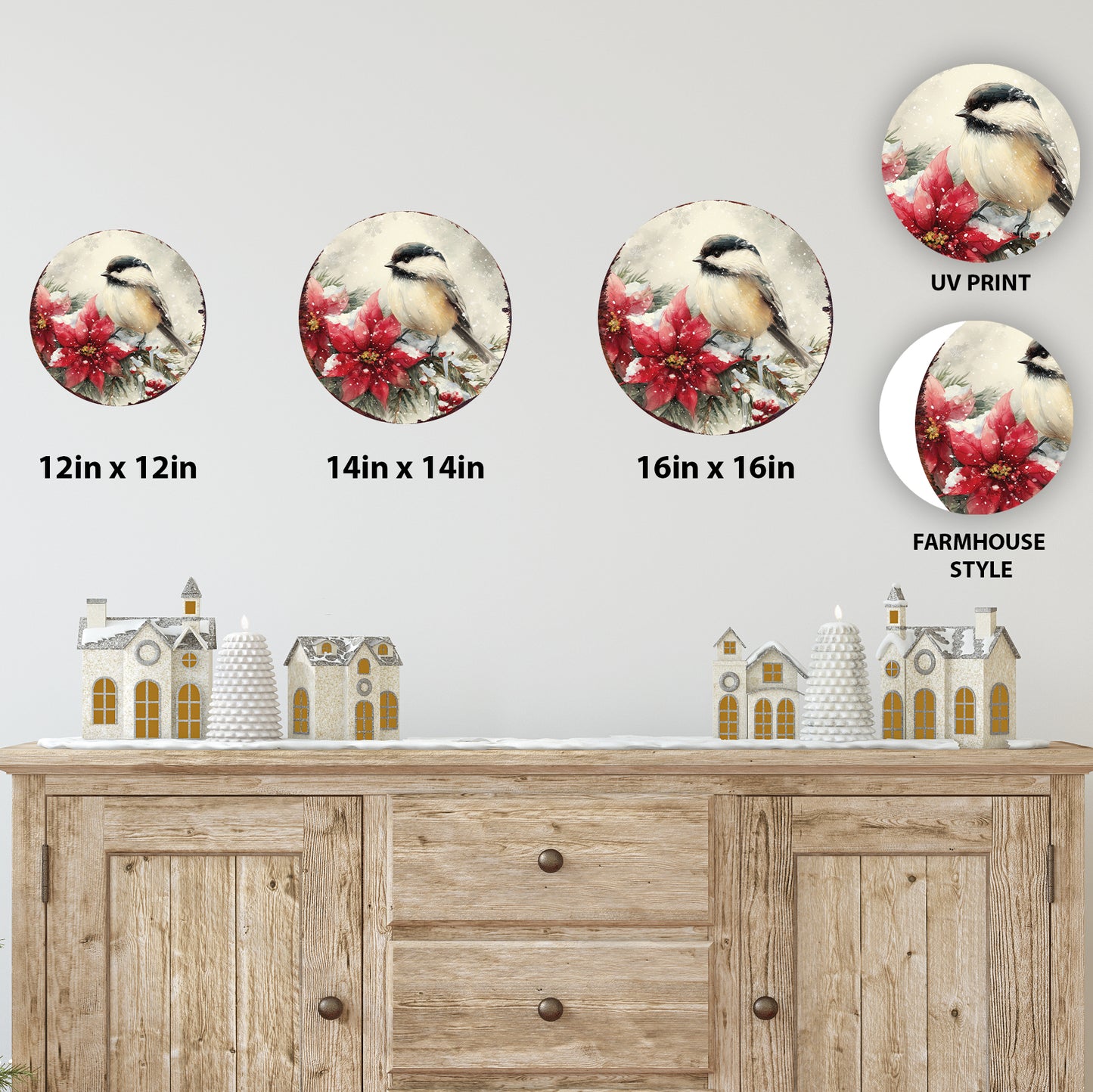 Chickadee Christmas Wall Sign – Winter Round Wood Decor with Poinsettias