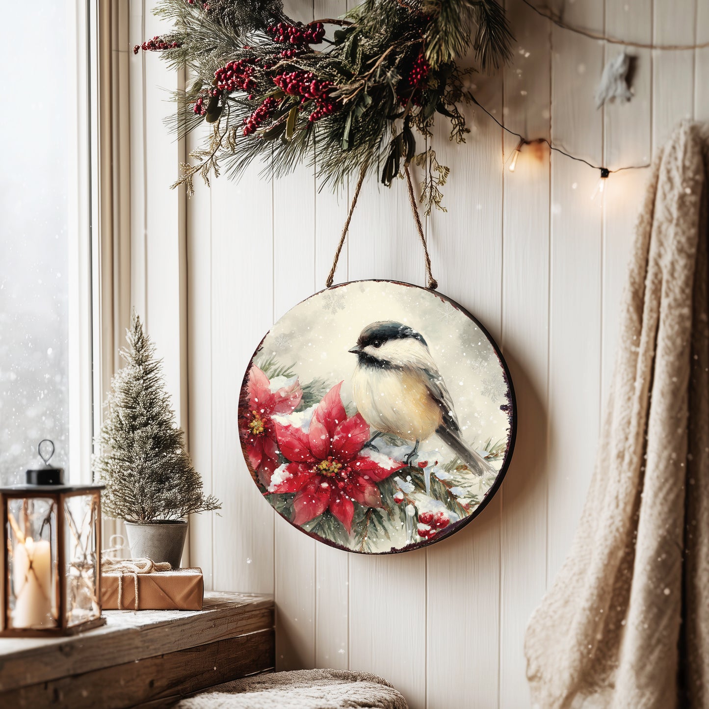 Chickadee Christmas Wall Sign – Winter Round Wood Decor with Poinsettias