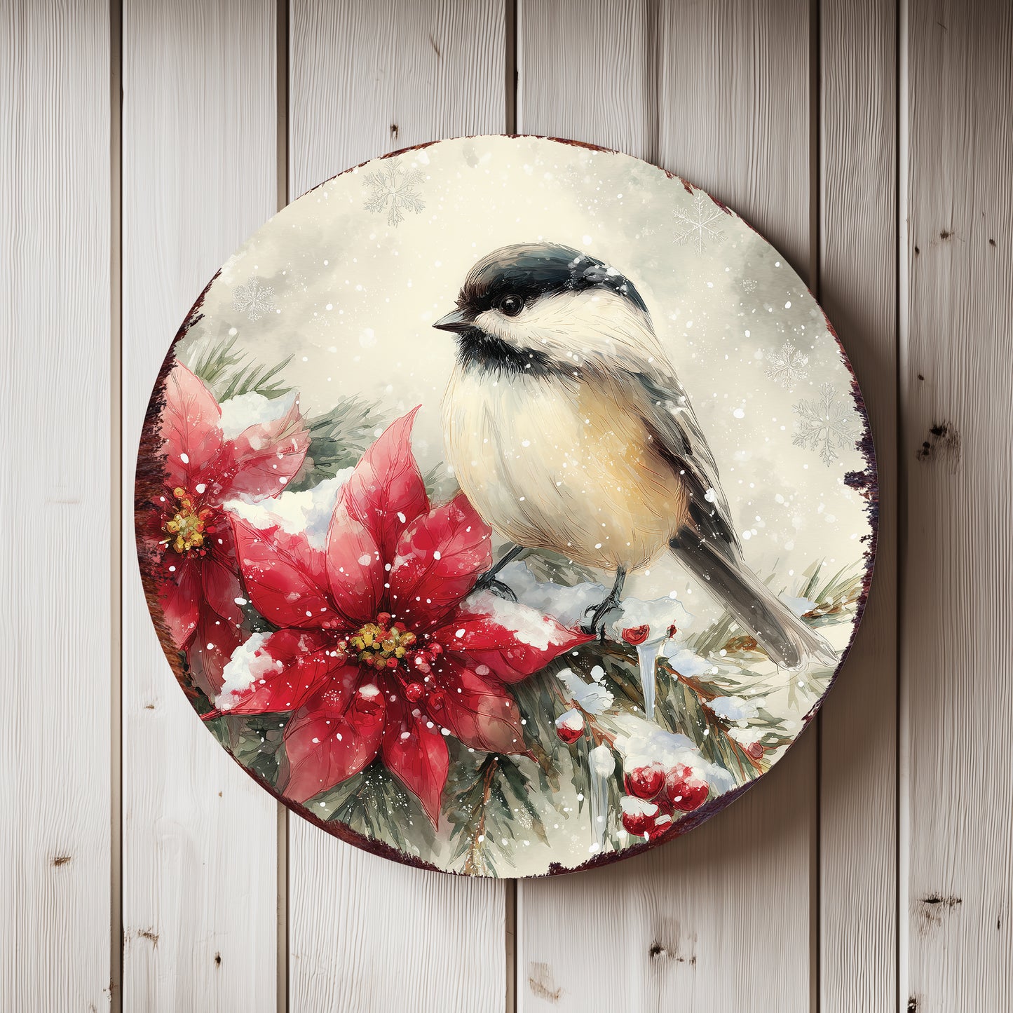 Chickadee Christmas Wall Sign – Winter Round Wood Decor with Poinsettias