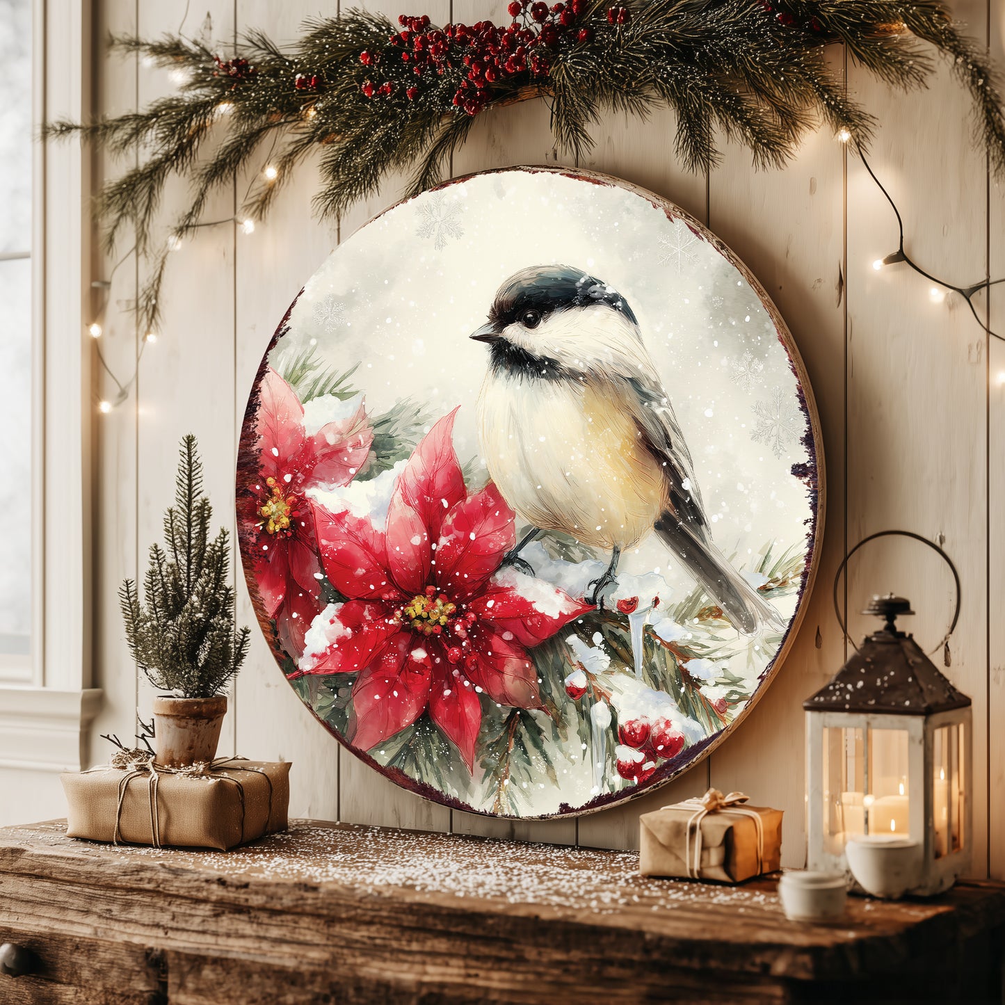 Chickadee Christmas Wall Sign – Winter Round Wood Decor with Poinsettias