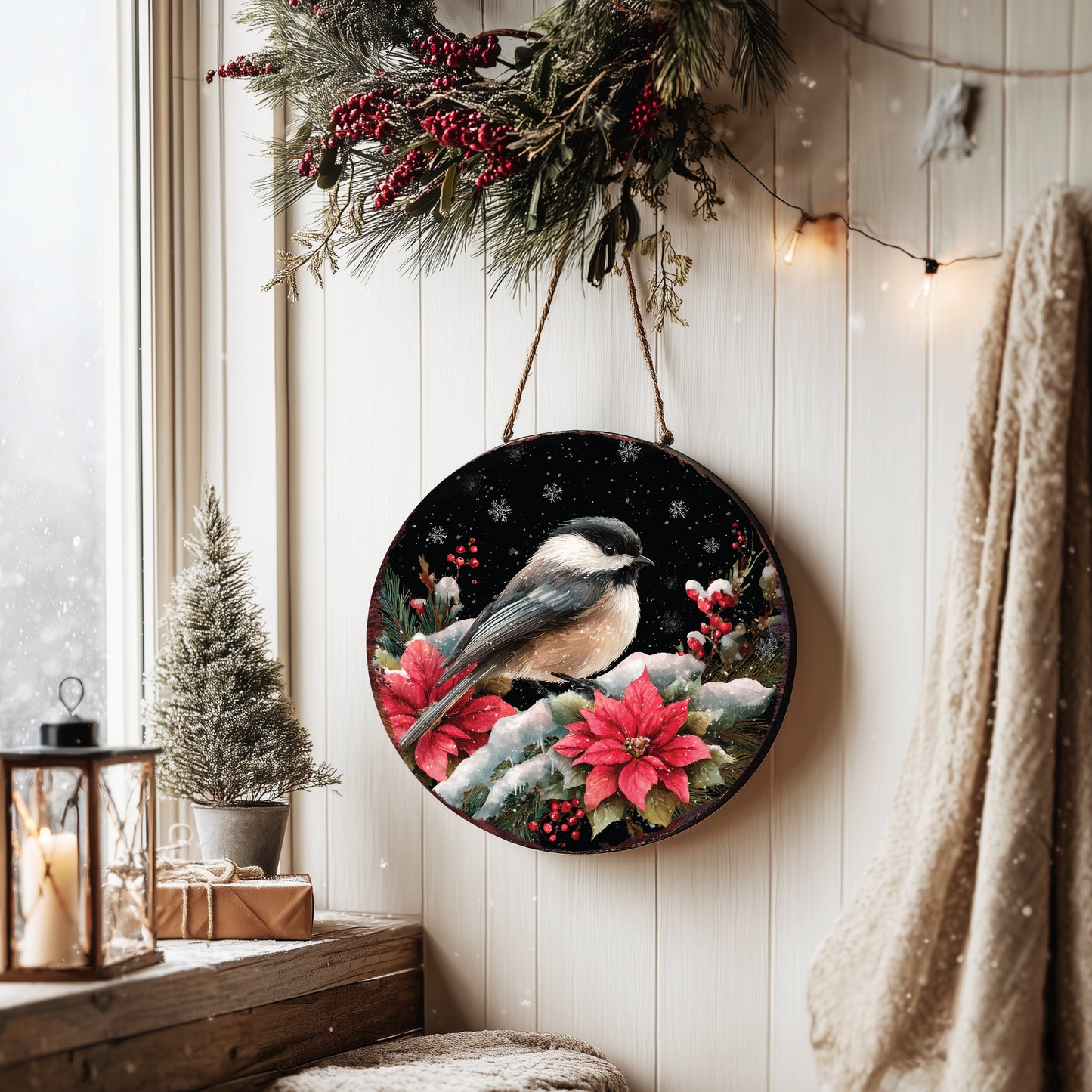 Chickadee Christmas Wall Sign – Round Wood Winter Decor with Poinsettias