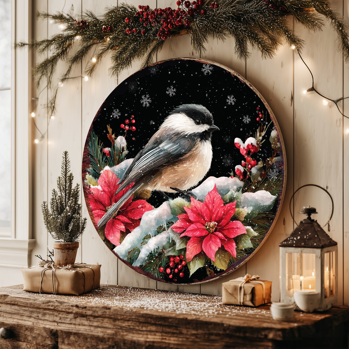 Chickadee Christmas Wall Sign – Round Wood Winter Decor with Poinsettias