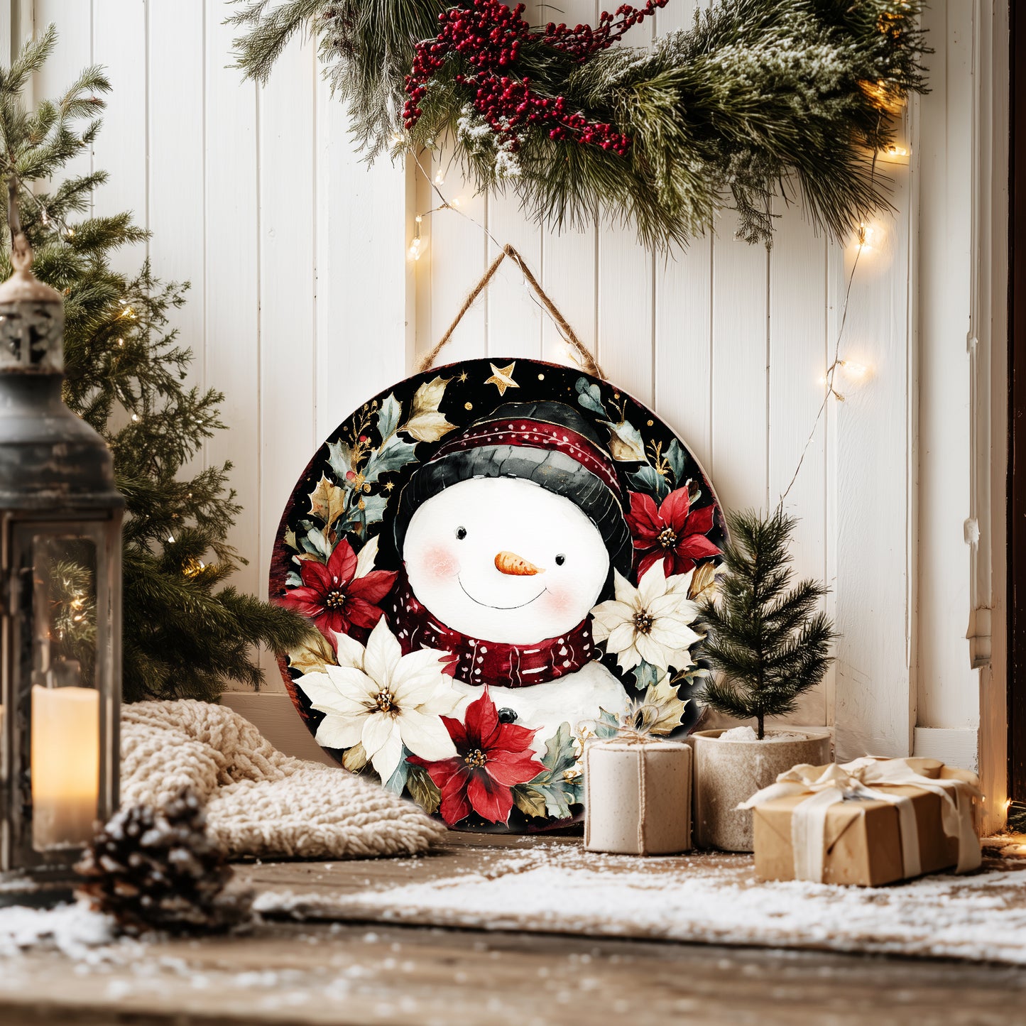 Snowman Christmas Wall Sign – Round Wood Winter Decor with Poinsettias
