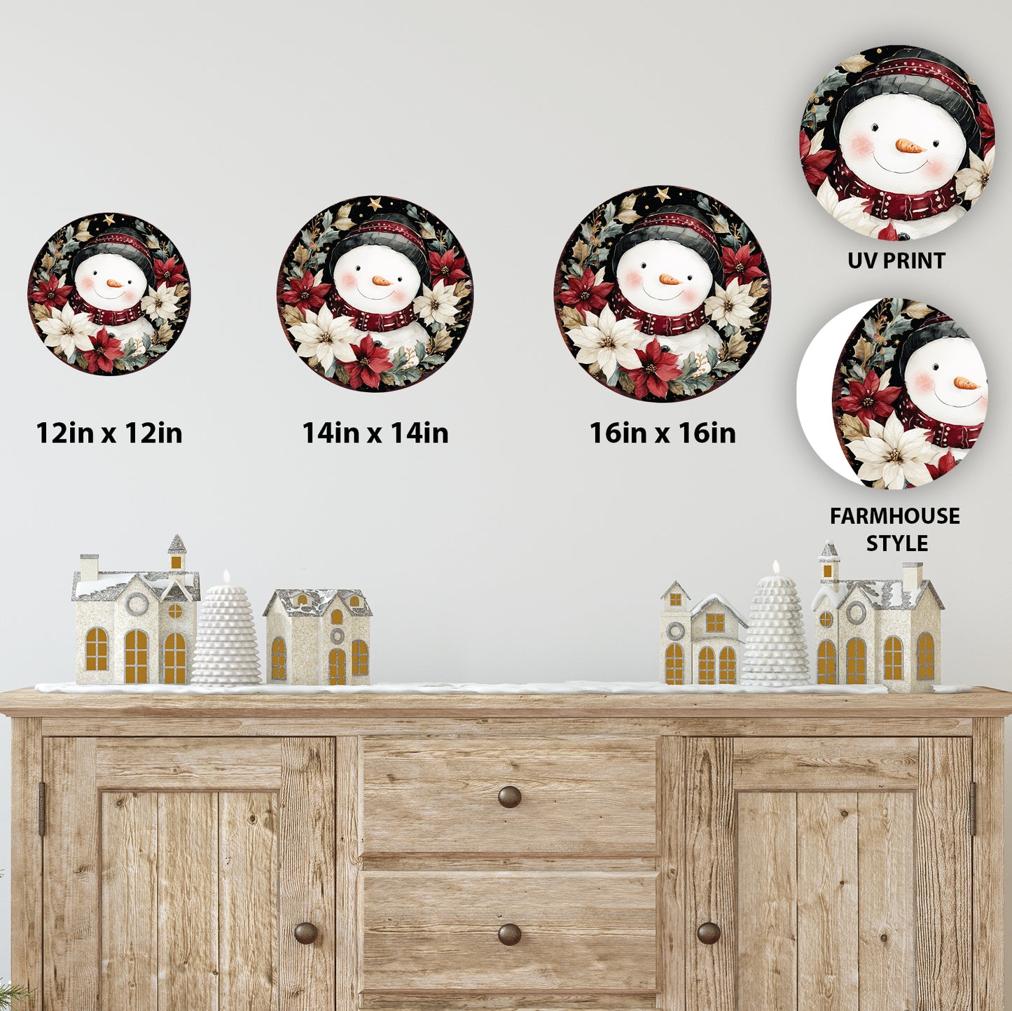 Snowman Christmas Wall Sign – Round Wood Winter Decor with Poinsettias