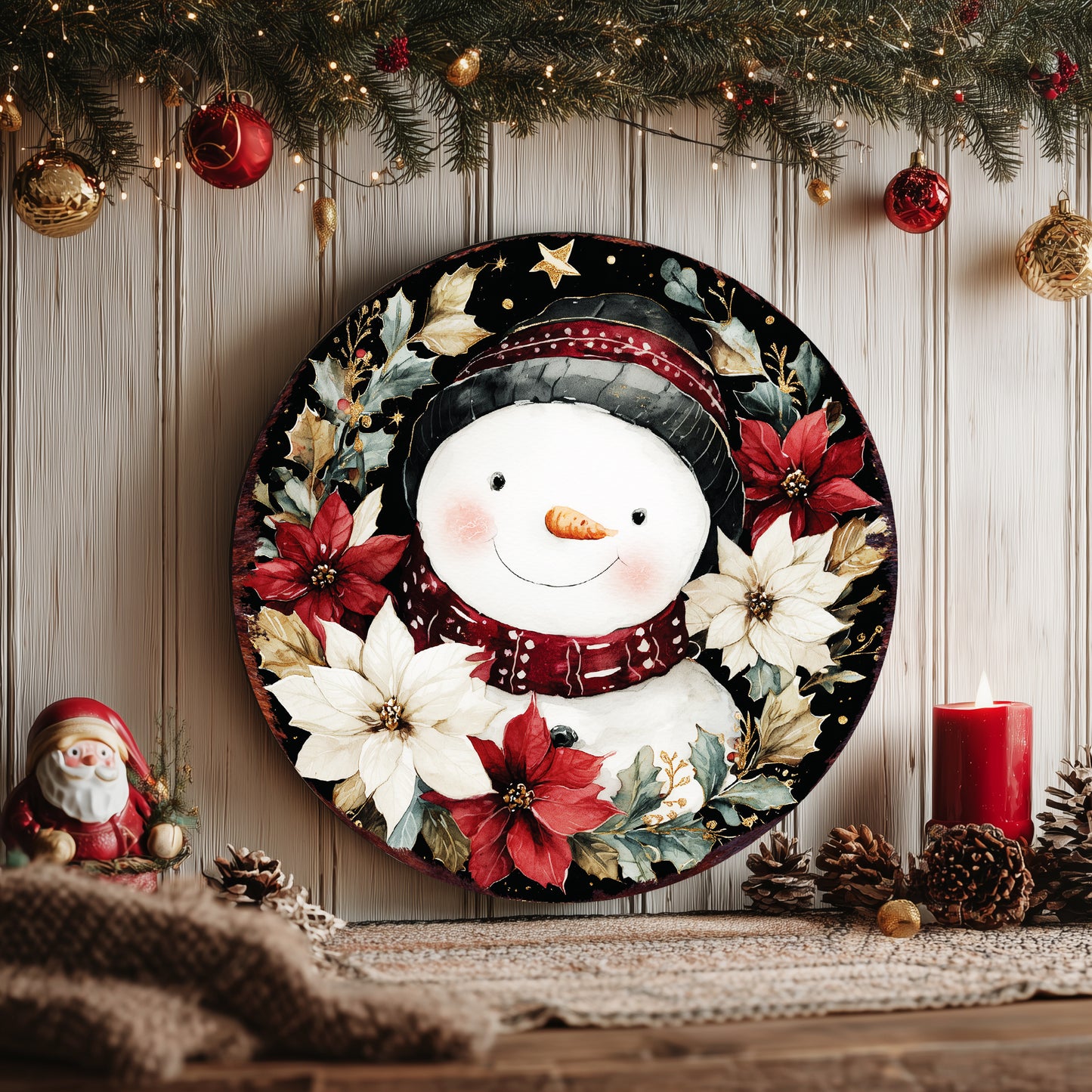 Snowman Christmas Wall Sign – Round Wood Winter Decor with Poinsettias
