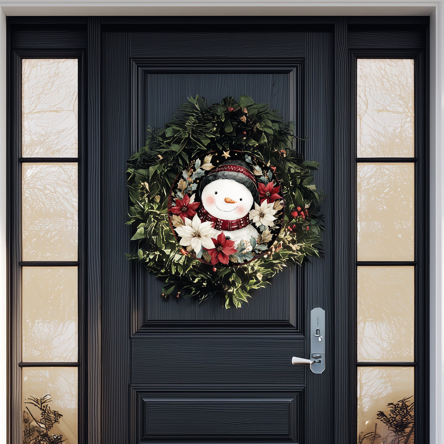 Snowman Christmas Wall Sign – Round Wood Winter Decor with Poinsettias