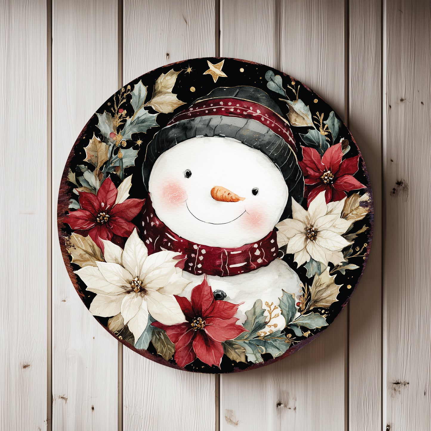 Snowman Christmas Wall Sign – Round Wood Winter Decor with Poinsettias