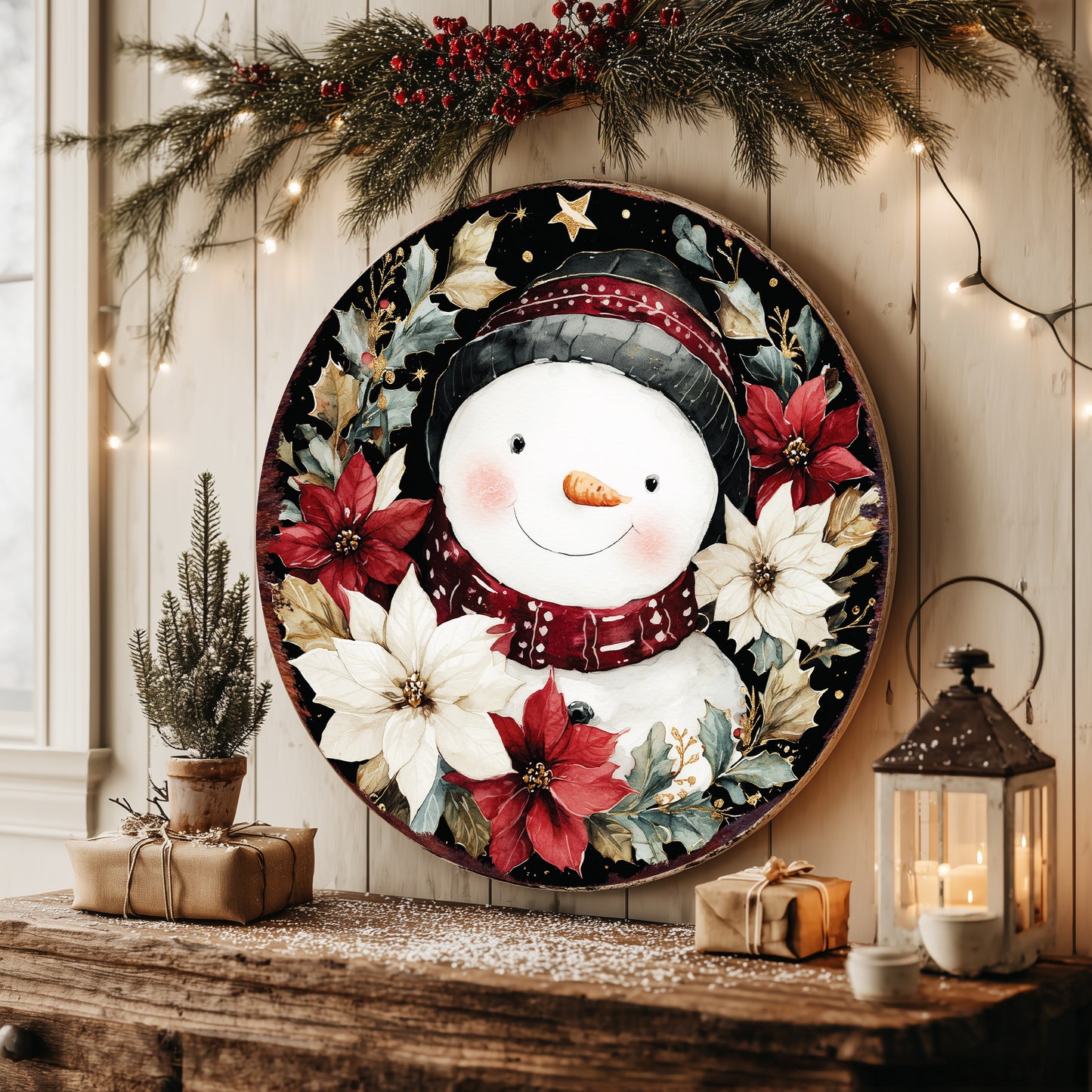 Snowman Christmas Wall Sign – Round Wood Winter Decor with Poinsettias