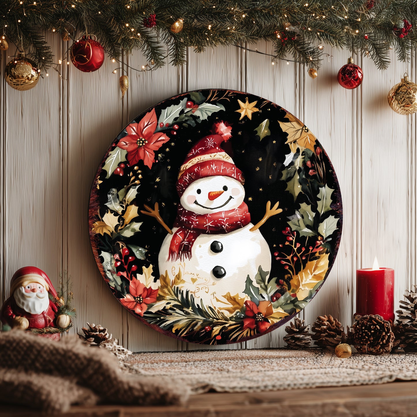Joyful Snowman Christmas Wall Sign – Round Rustic Winter Holiday Decor