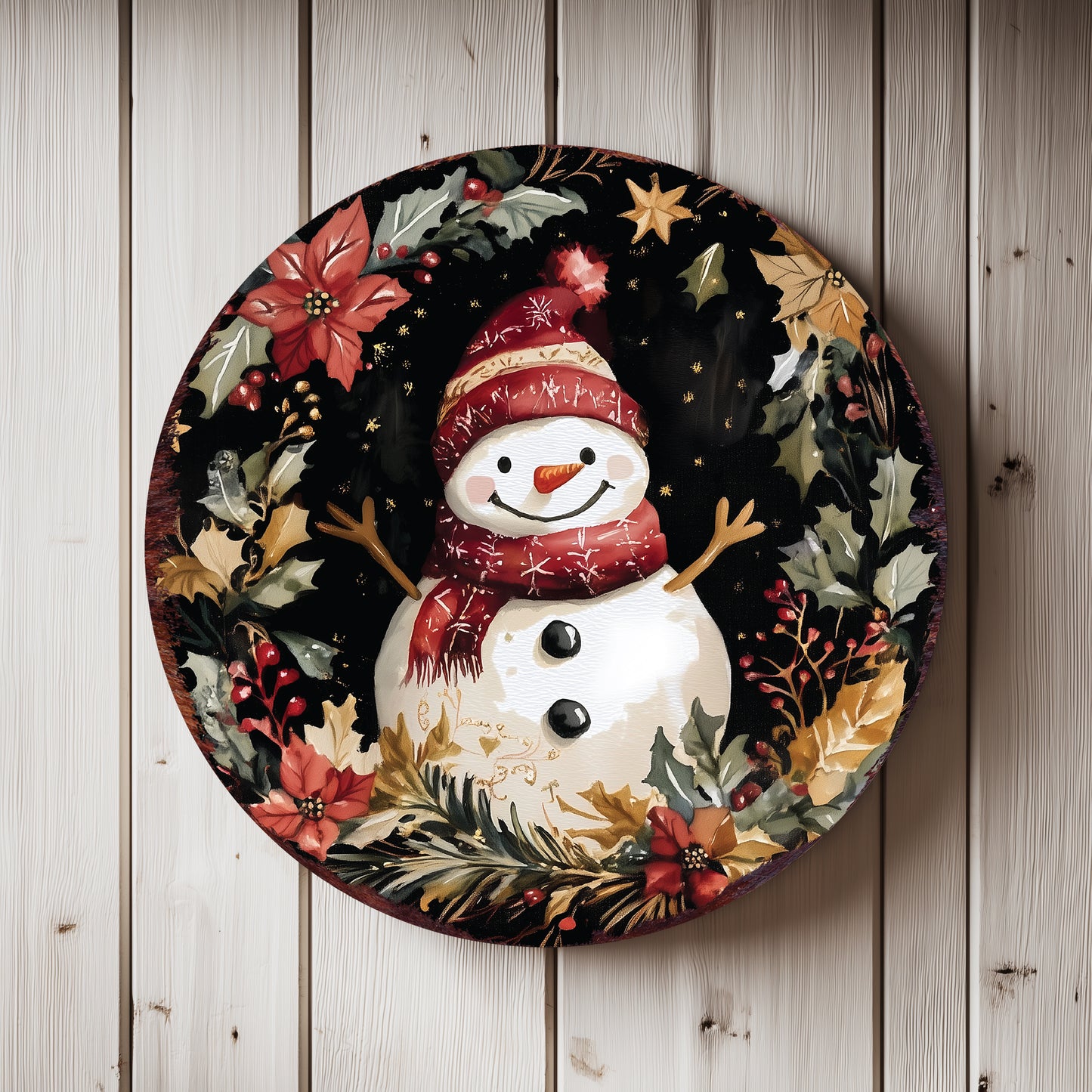 Joyful Snowman Christmas Wall Sign – Round Rustic Winter Holiday Decor