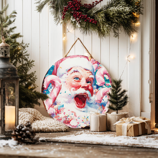 Whimsical Santa Christmas Wall Sign | Round Candy Cane Holiday Decor