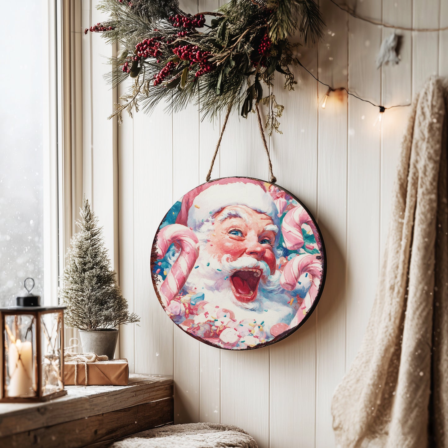 Whimsical Santa Christmas Wall Sign | Round Candy Cane Holiday Decor