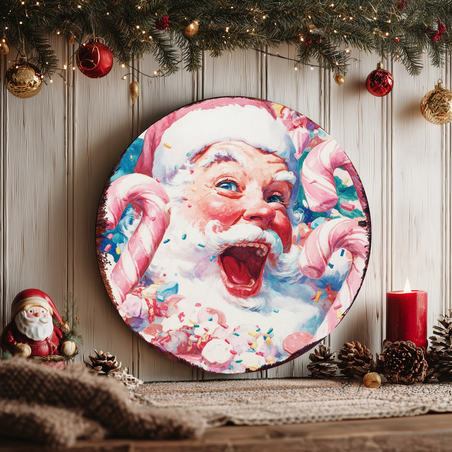 Whimsical Santa Christmas Wall Sign | Round Candy Cane Holiday Decor
