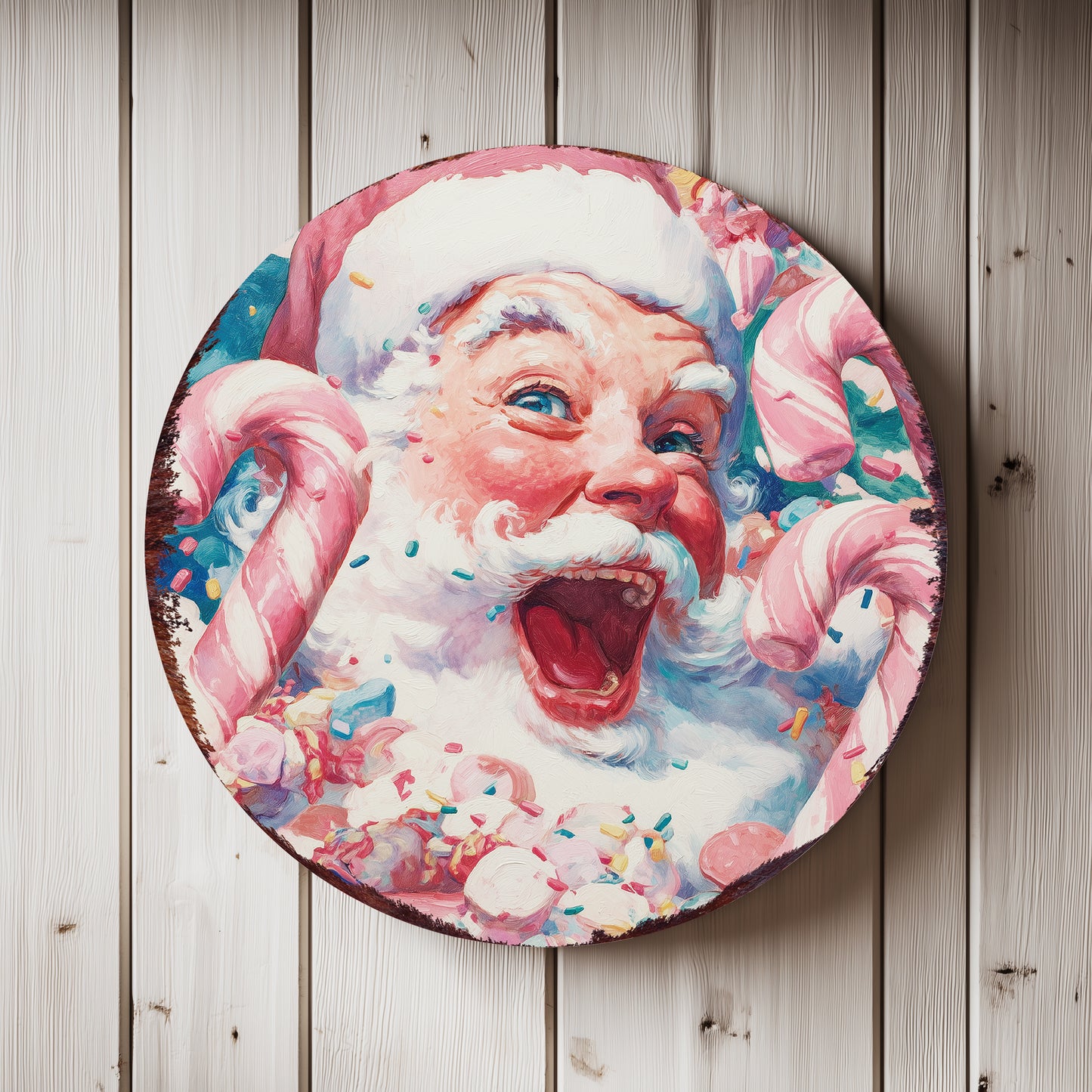 Whimsical Santa Christmas Wall Sign | Round Candy Cane Holiday Decor