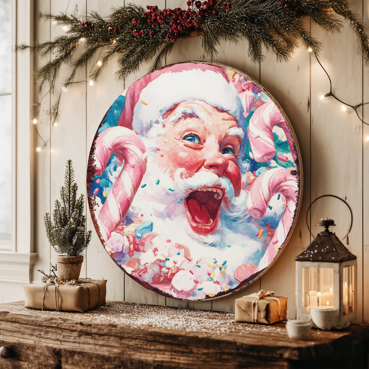 Whimsical Santa Christmas Wall Sign | Round Candy Cane Holiday Decor