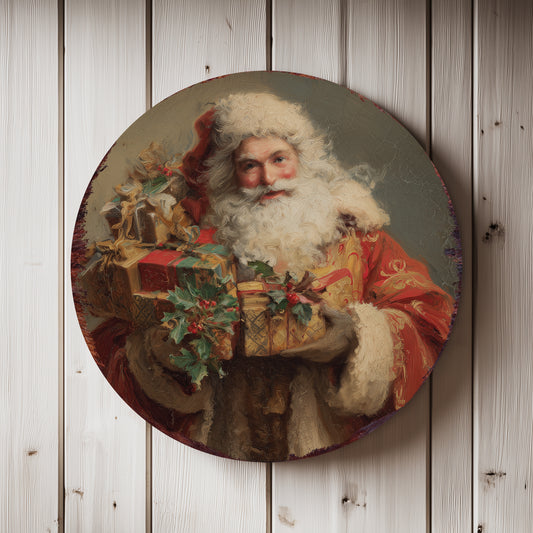 Vintage Santa Round Sign – Classic Christmas Wall Art for Holiday Decor