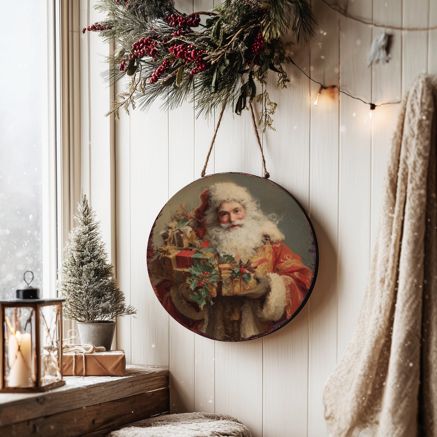 Vintage Santa Round Sign – Classic Christmas Wall Art for Holiday Decor