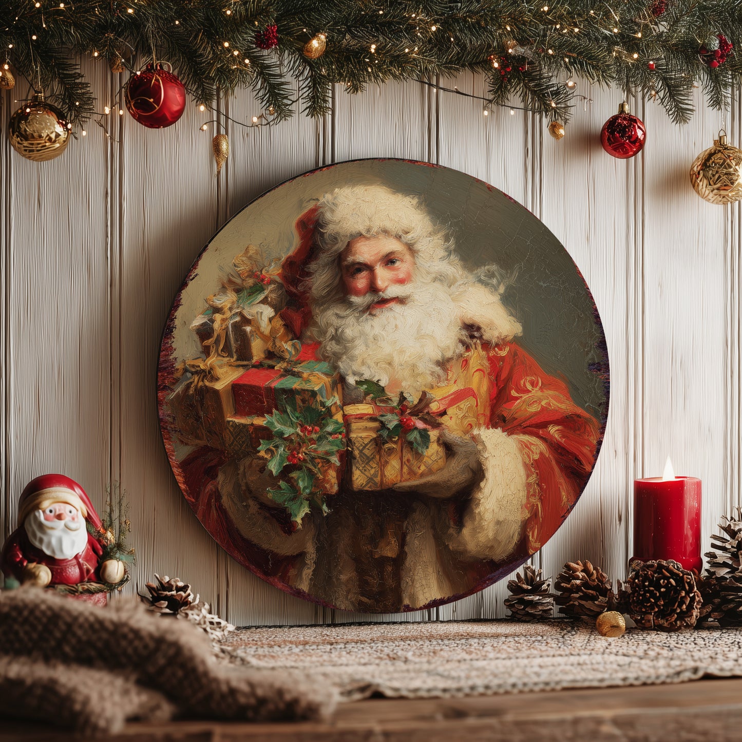 Vintage Santa Round Sign – Classic Christmas Wall Art for Holiday Decor