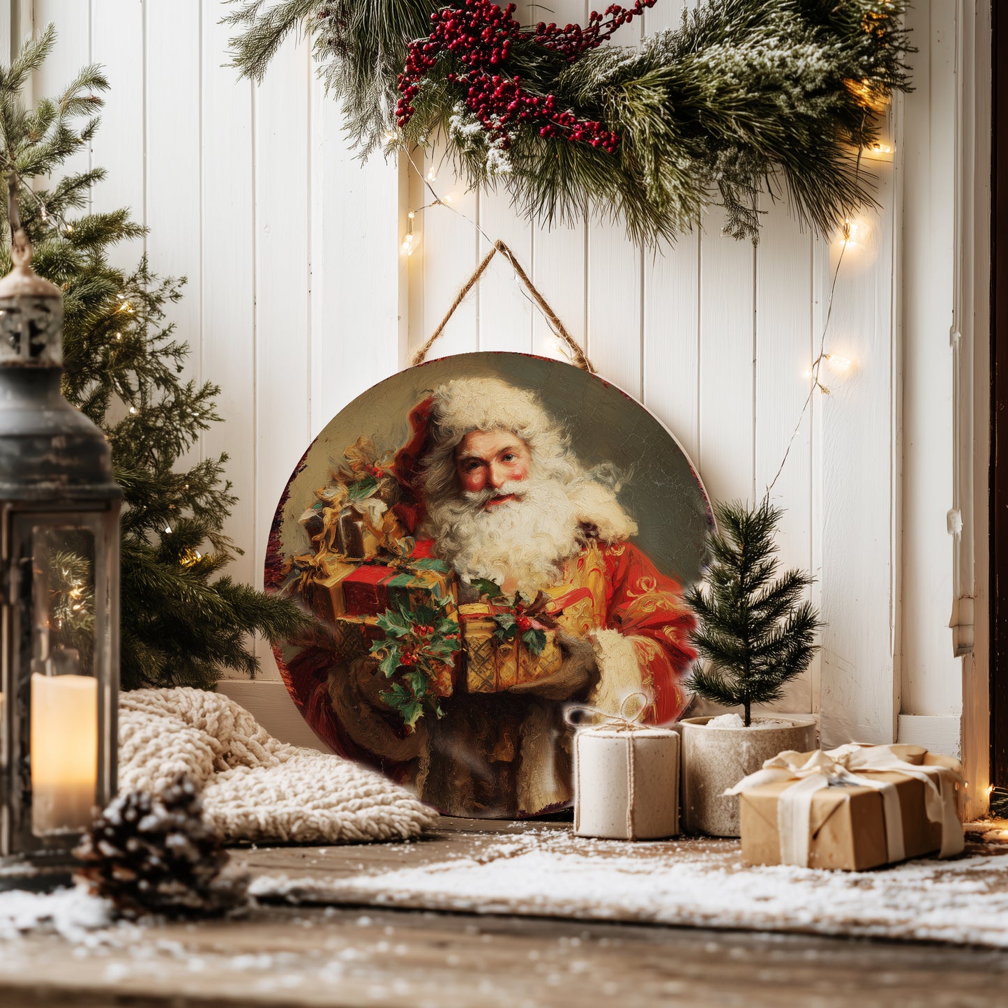 Vintage Santa Round Sign – Classic Christmas Wall Art for Holiday Decor