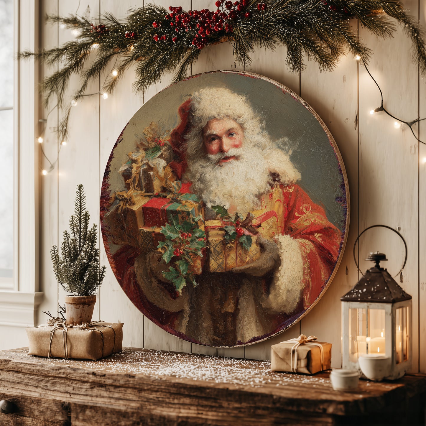 Vintage Santa Round Sign – Classic Christmas Wall Art for Holiday Decor