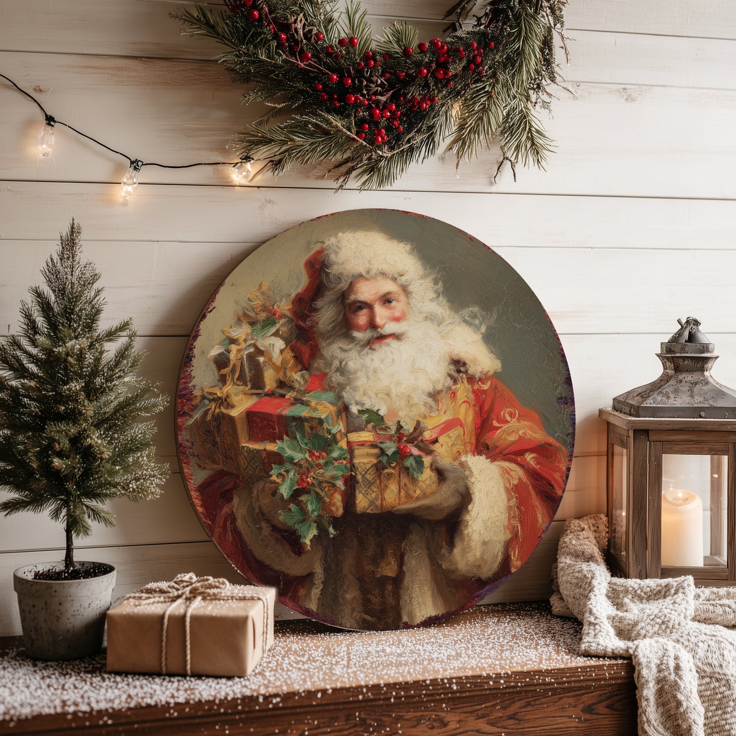 Vintage Santa Round Sign – Classic Christmas Wall Art for Holiday Decor