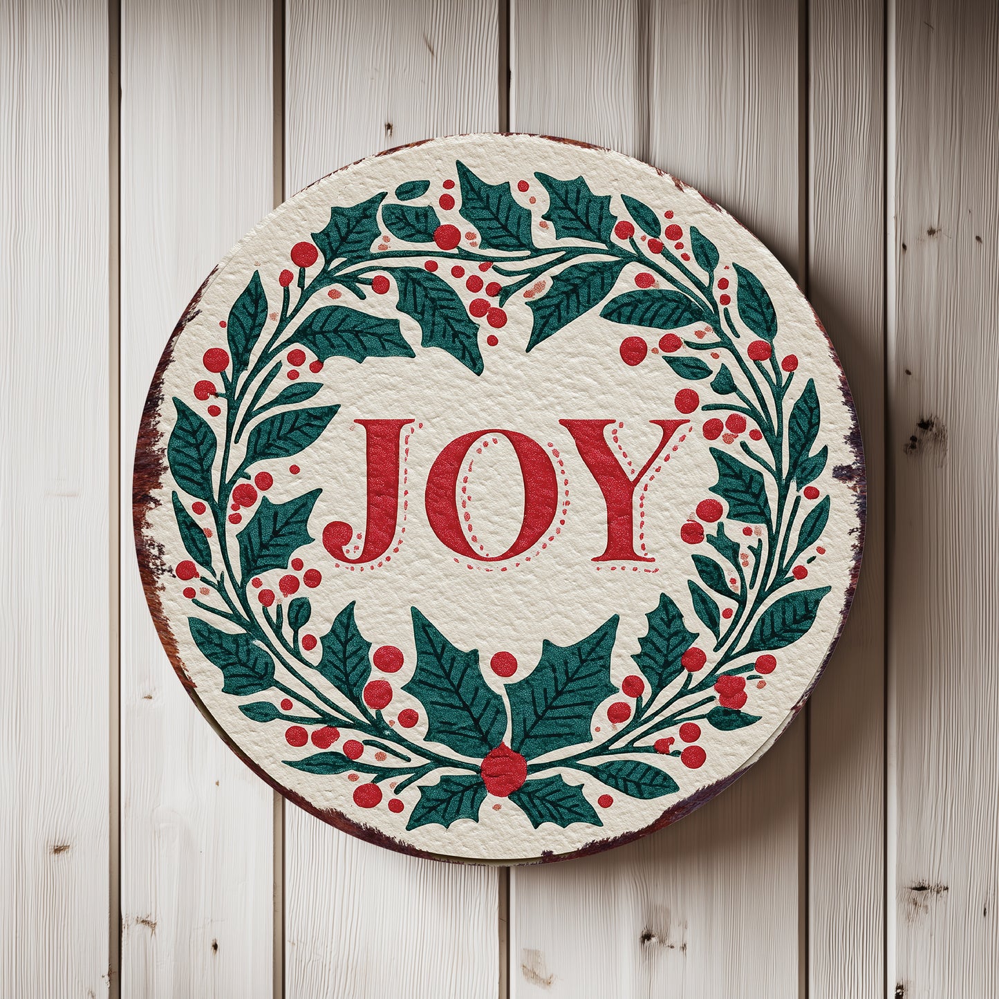 JOY Christmas Wall Sign – Round Farmhouse Holiday Decor with Holly & Berries