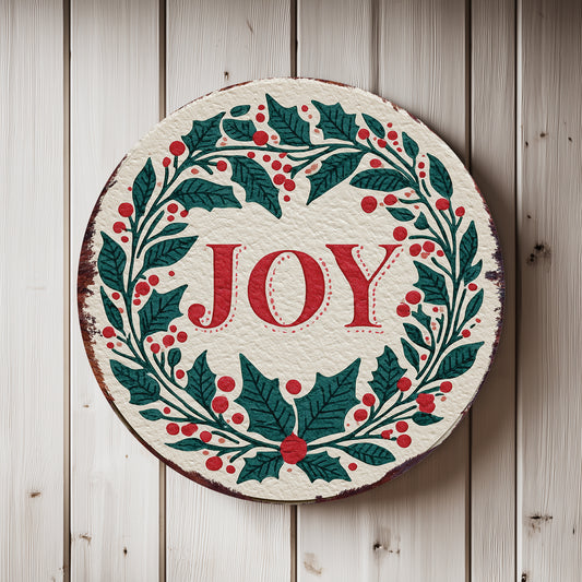 JOY Christmas Wall Sign – Round Farmhouse Holiday Decor with Holly & Berries