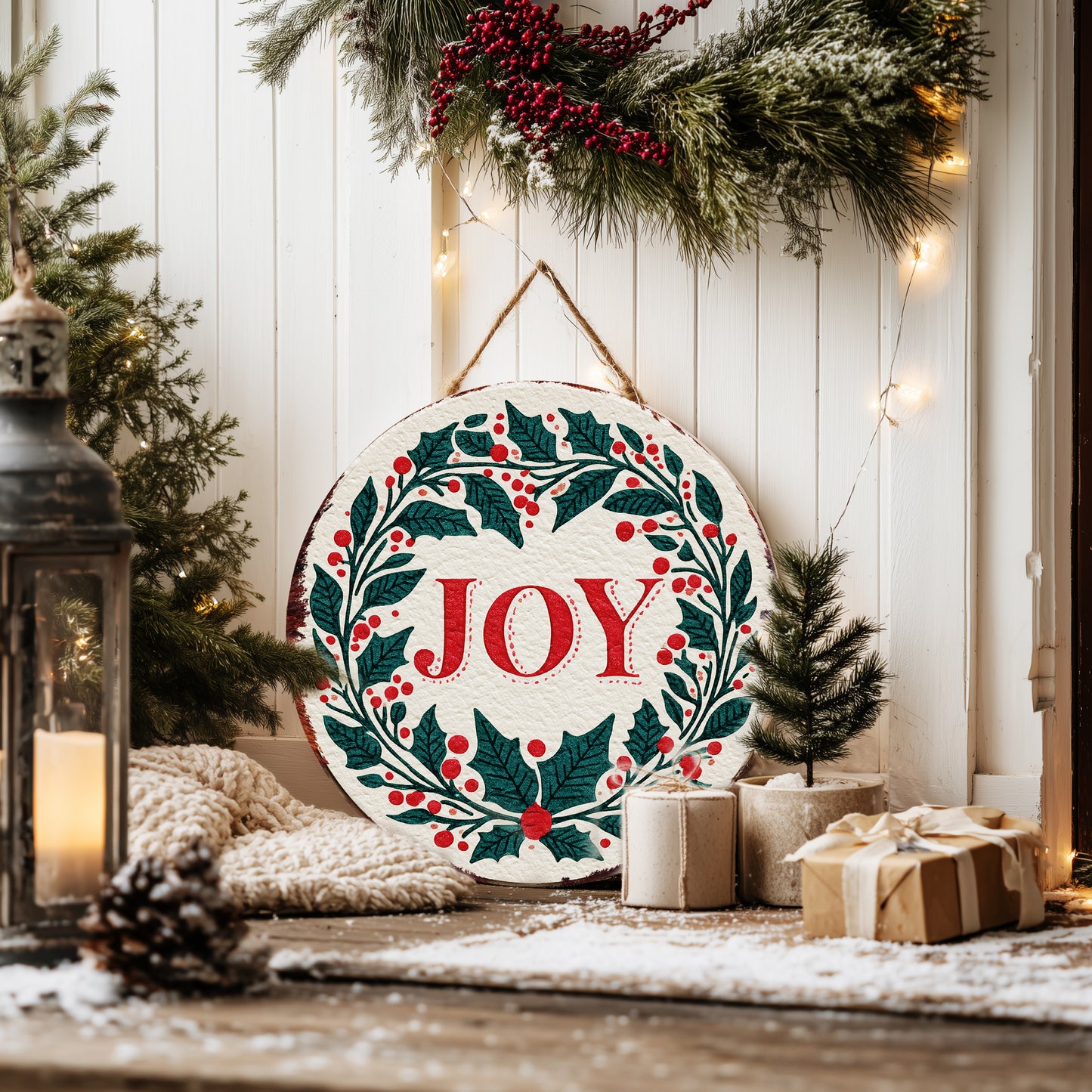 JOY Christmas Wall Sign – Round Farmhouse Holiday Decor with Holly & Berries