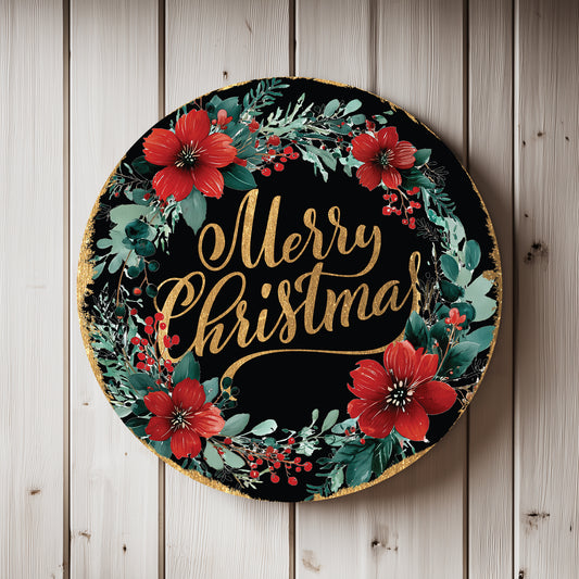 Merry Christmas Door Sign | Elegant Round Floral Wreath Holiday Decor
