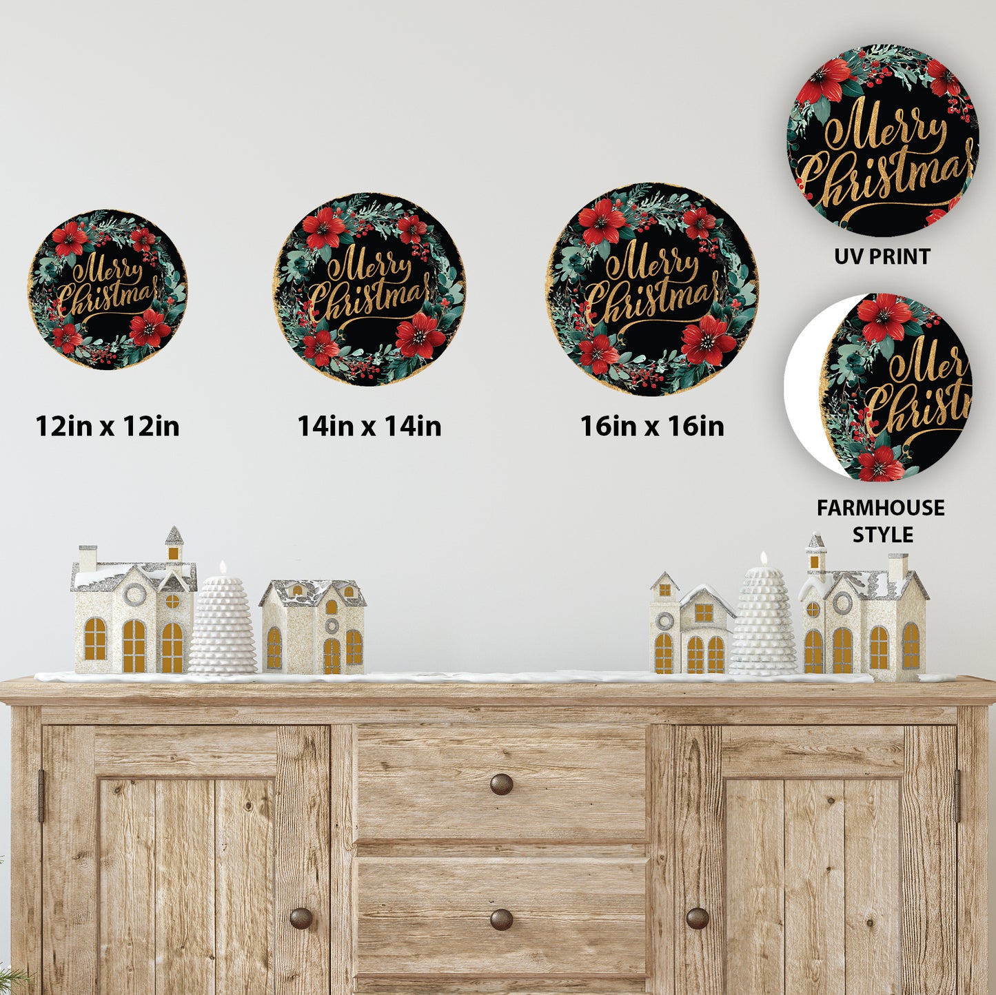 Merry Christmas Door Sign | Elegant Round Floral Wreath Holiday Decor