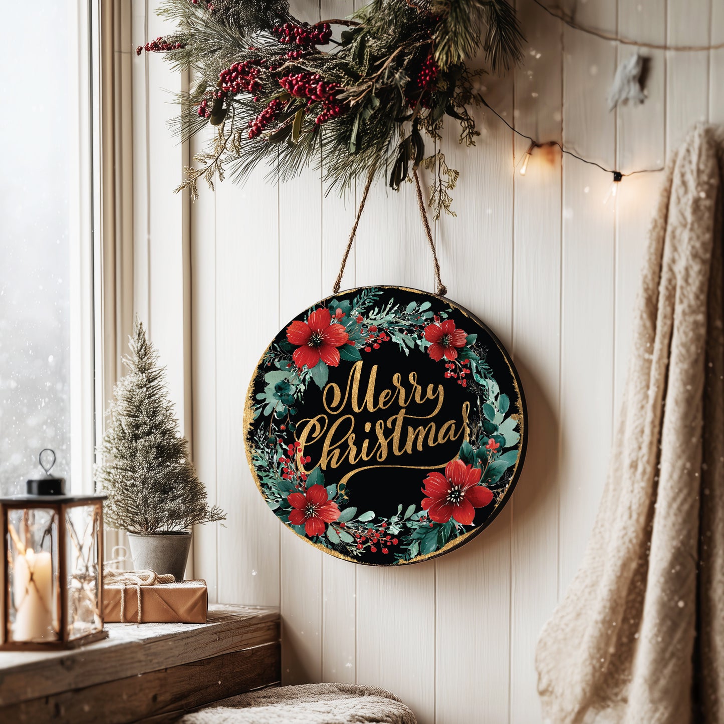 Merry Christmas Door Sign | Elegant Round Floral Wreath Holiday Decor