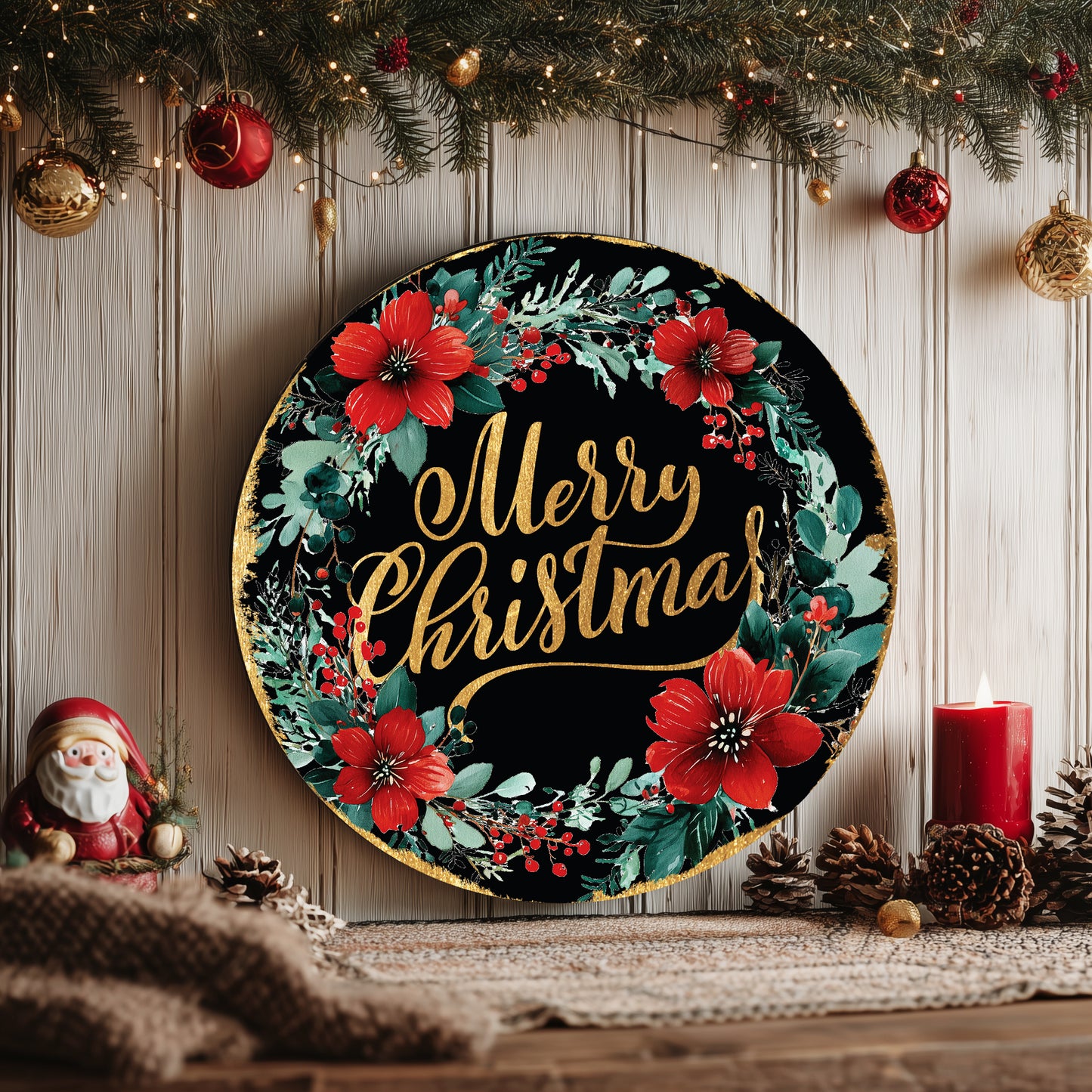 Merry Christmas Door Sign | Elegant Round Floral Wreath Holiday Decor