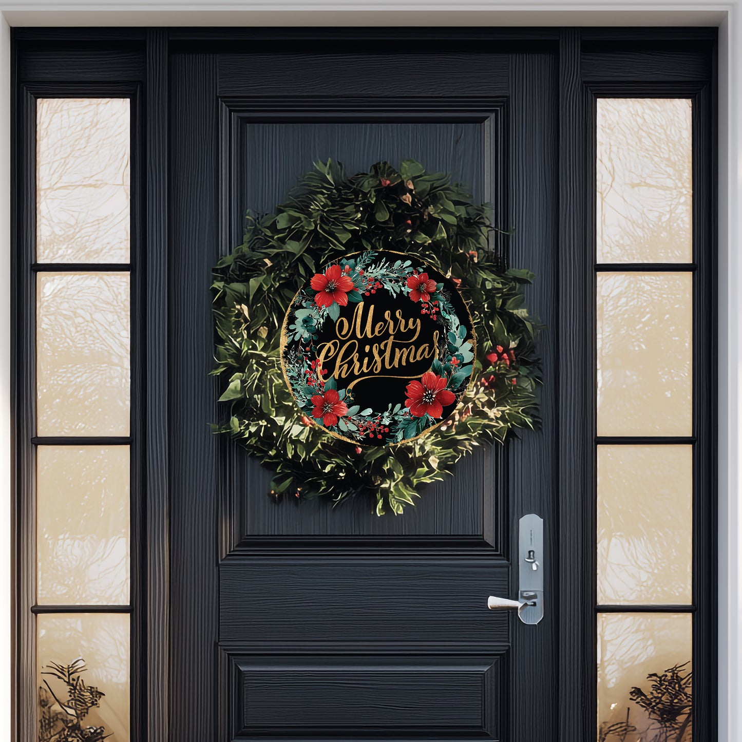 Merry Christmas Door Sign | Elegant Round Floral Wreath Holiday Decor