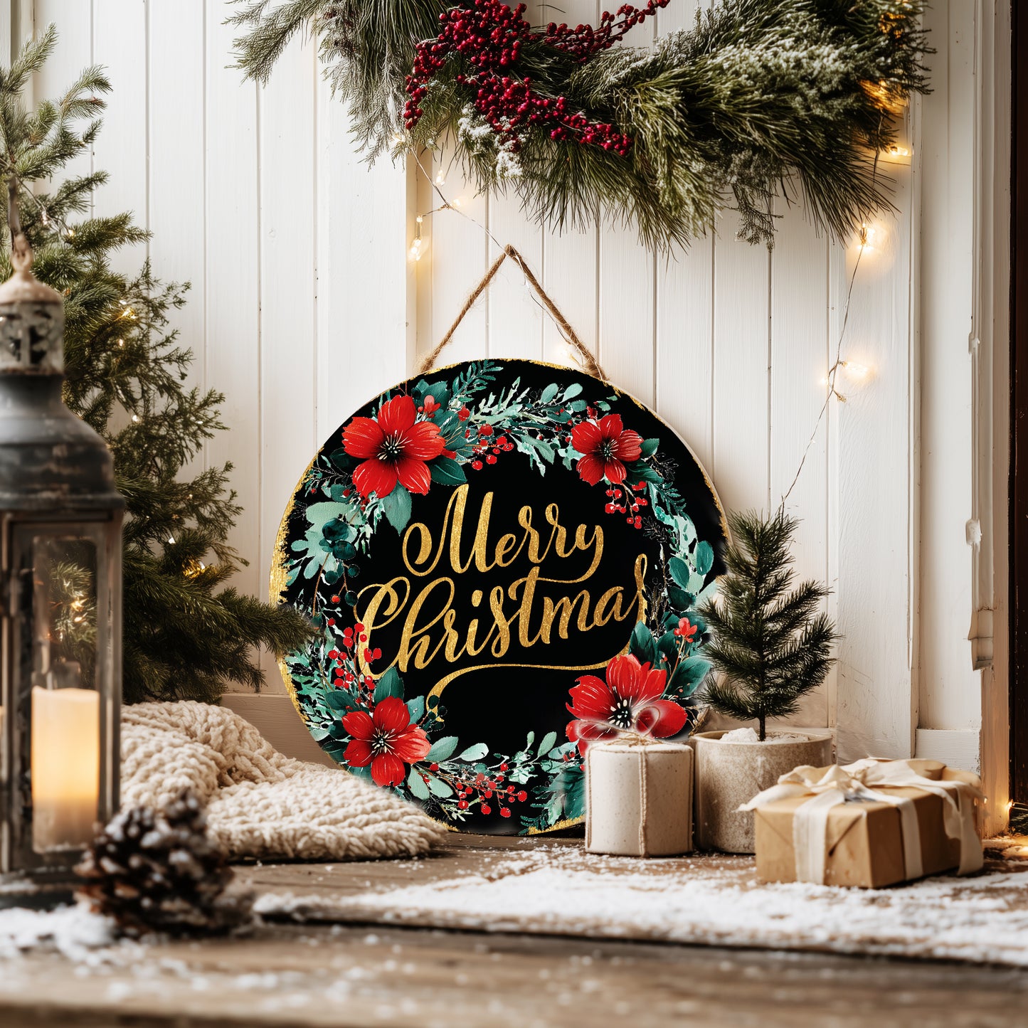 Merry Christmas Door Sign | Elegant Round Floral Wreath Holiday Decor
