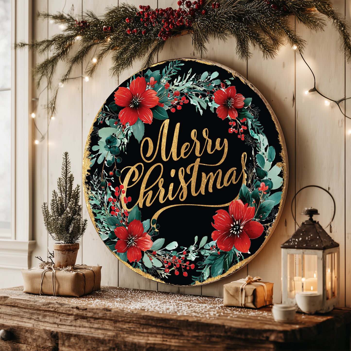 Merry Christmas Door Sign | Elegant Round Floral Wreath Holiday Decor