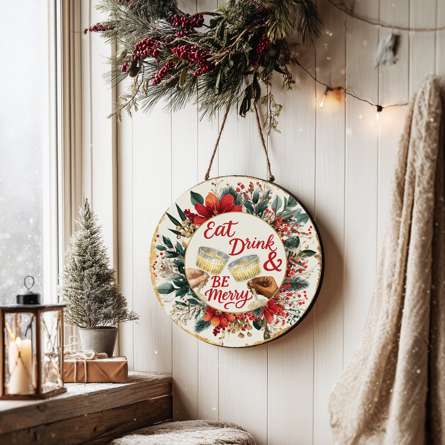 Festive Christmas Be Merry Round Sign | Rustic Holiday Wall Decor